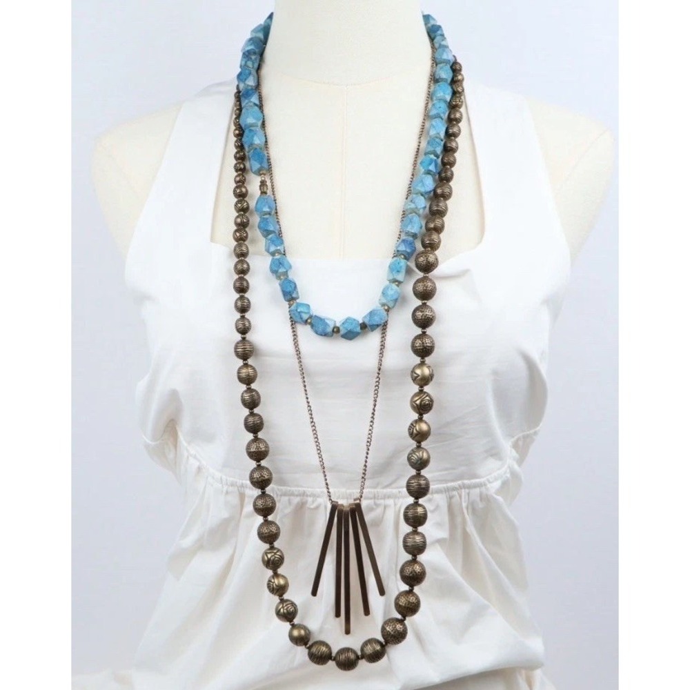 Multi Strand Long Layering Necklaces (3) Blue Gold Tones MCM Style Chunky Beaded